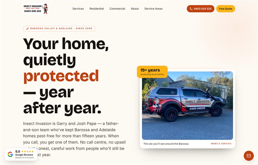 Insect Invasion website homepage, designed and built by JB Digital