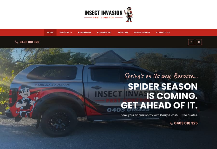 The Insect Invasion website homepage, designed and built by JB Digital Barossa.