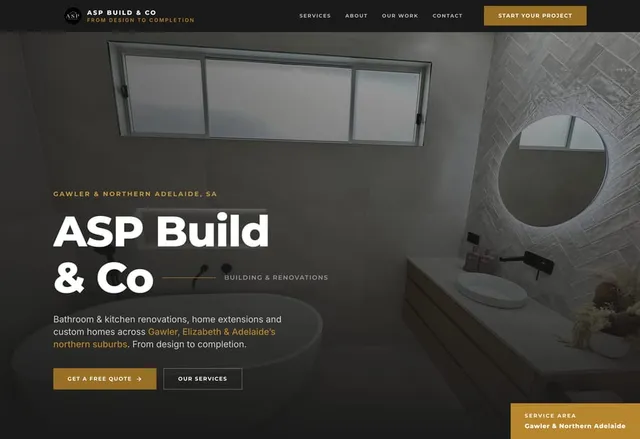 ASP Build & Co homepage: the company name over a finished bathroom with a round mirror
