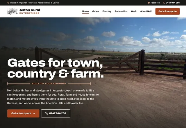 Aston Rural Enterprises homepage: “Gates for town, country & farm” over a timber farm gate