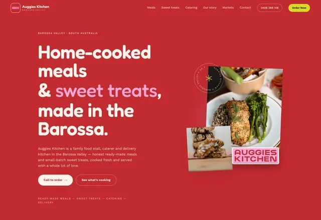 Auggie’s Kitchen homepage: “Home-cooked meals & sweet treats, made in the Barossa” on a red background