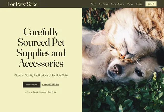 For Pets Sake homepage: “Carefully sourced pet supplies and accessories” beside a cat and a dog lying in the grass