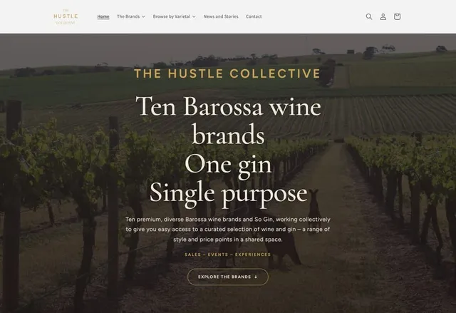 The Hustle Collective homepage: “Ten Barossa wine brands, one gin” over rows of Barossa vines