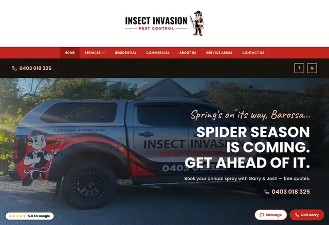 Insect Invasion homepage: the branded Insect Invasion ute under the headline “Spider season is coming”