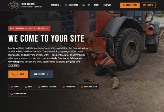 Iron Works Mobile Welding homepage: “We come to your site” beside a welder working on heavy machinery
