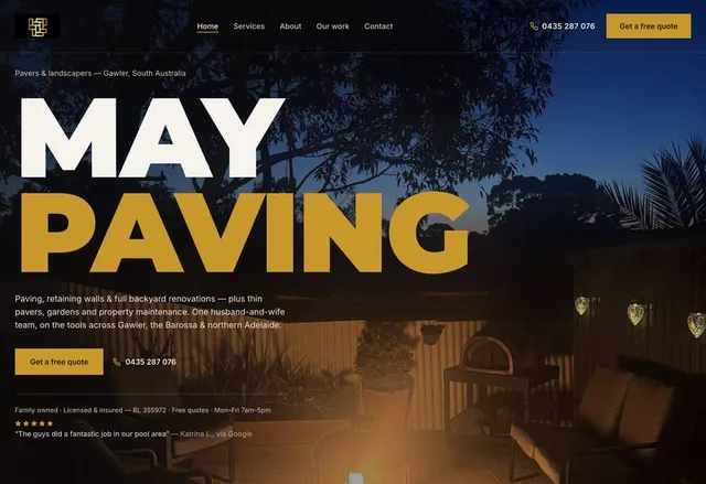 May Paving homepage: large gold “May Paving” lettering over a paved backyard lit at dusk