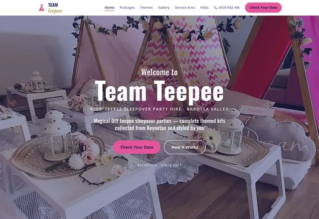 Team Teepee homepage: “Welcome to Team Teepee” over a styled kids’ teepee sleepover set-up