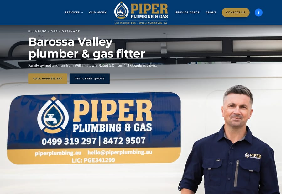 The Piper Plumbing & Gas website homepage, designed and built by JB Digital Barossa.