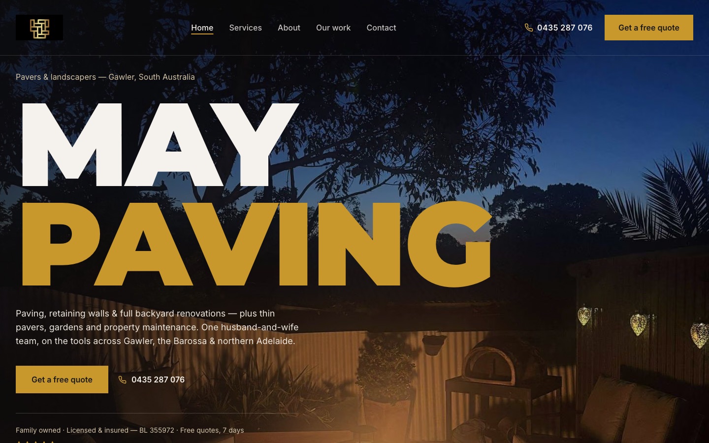 The redesigned May Paving website, photo-led with a quote form