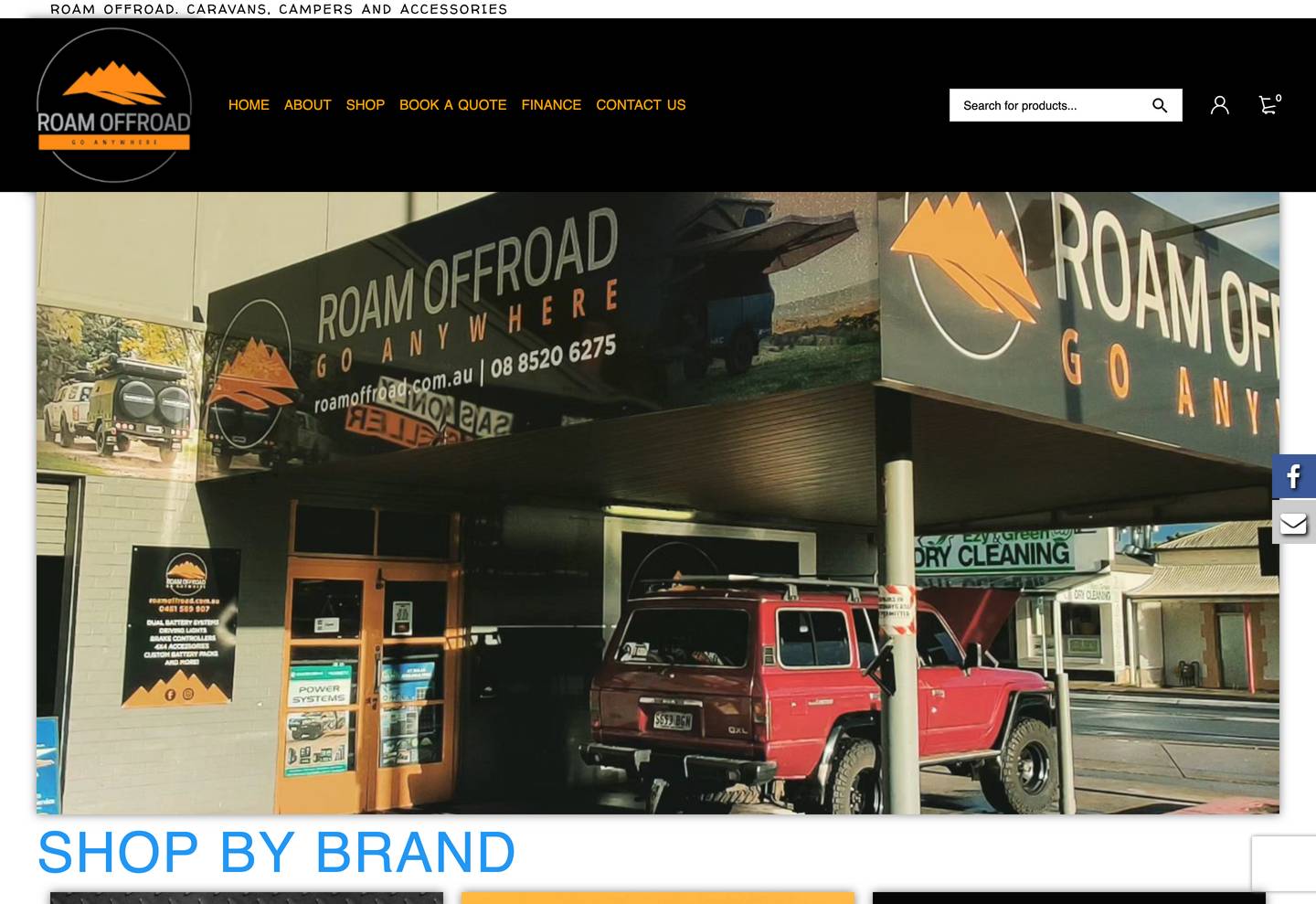 Roam Offroad’s 2023 WooCommerce website, archived 29 November 2023: a black header and a photo of the old shopfront