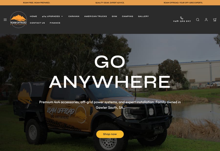 The Roam Offroad website homepage, designed and built by JB Digital Barossa.