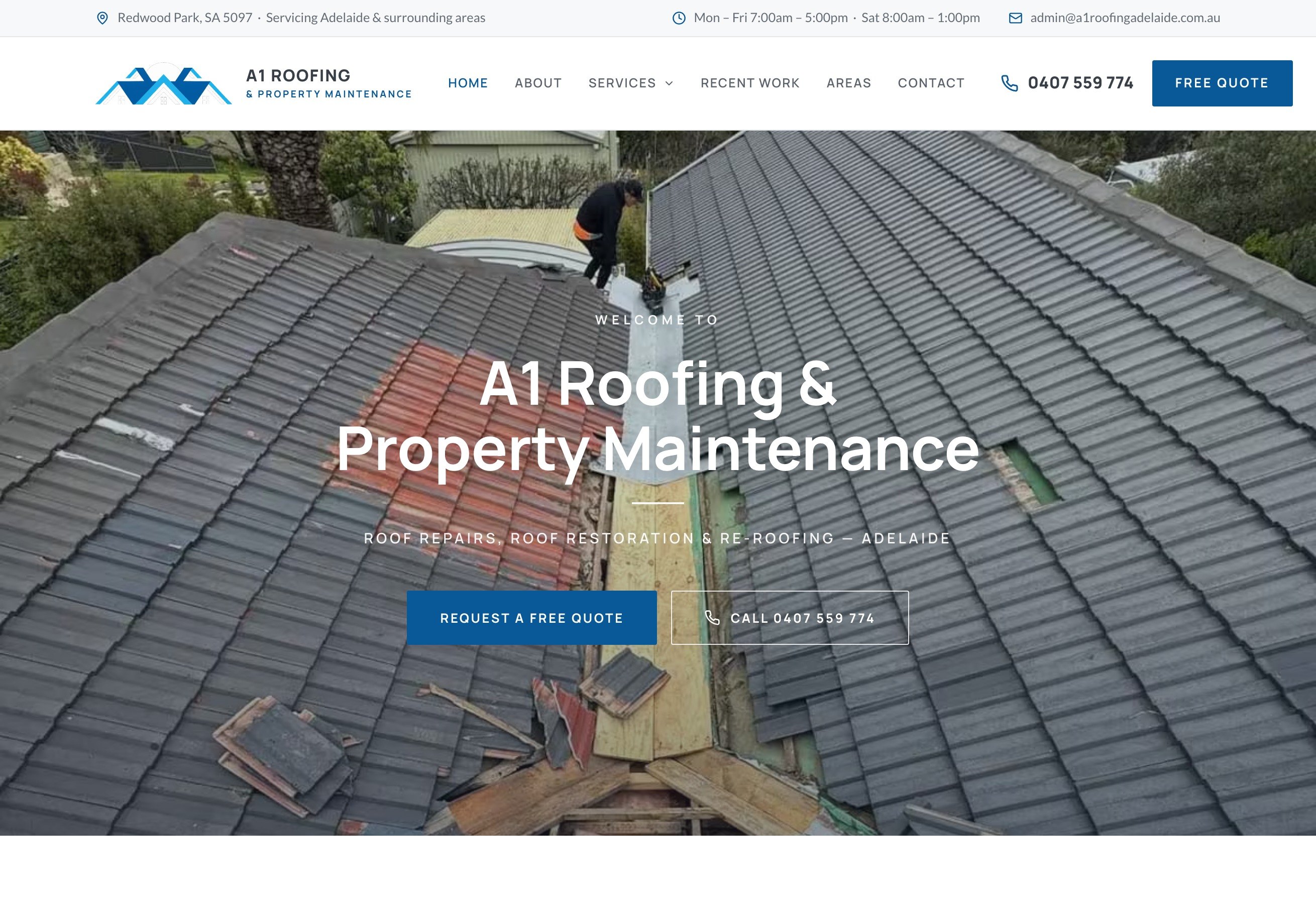 The A1 Roofing Adelaide homepage, a drone shot of a roof repair, built by JB Digital Barossa.