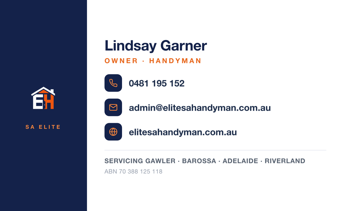 SA Elite Handyman business card back — contact details, service areas and ABN