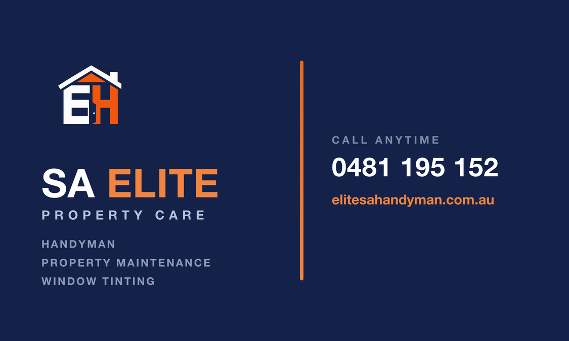 SA Elite Handyman business card front — navy card with the EH house logo and services list
