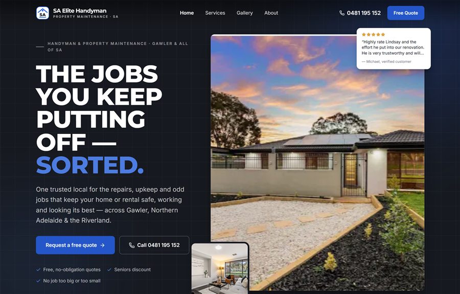 SA Elite Handyman website homepage, designed and built by JB Digital