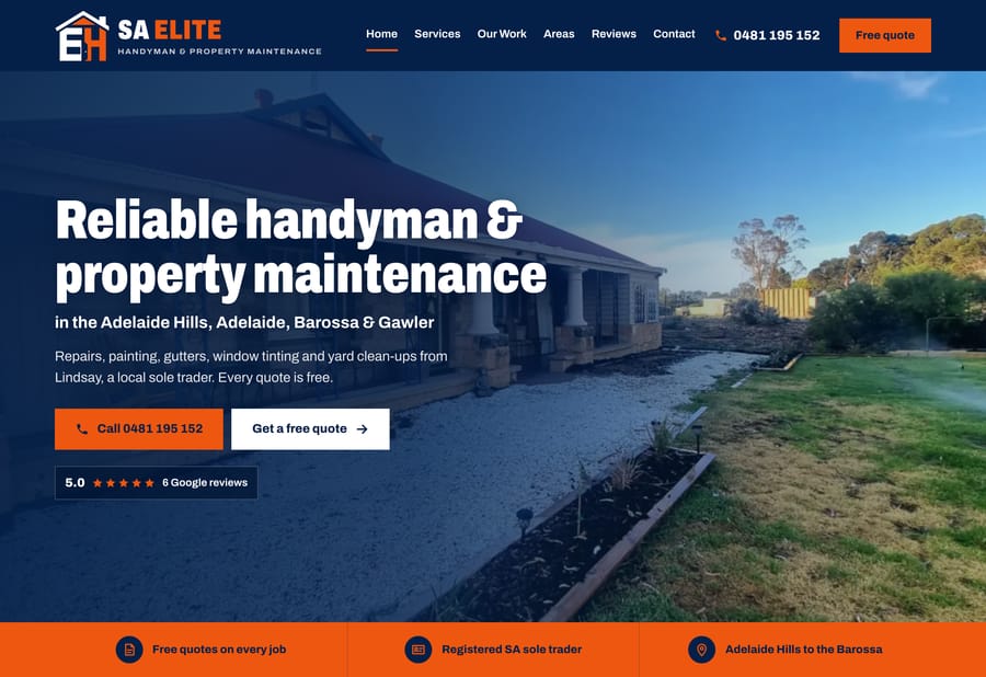 The SA Elite Handyman website homepage, designed and built by JB Digital Barossa.