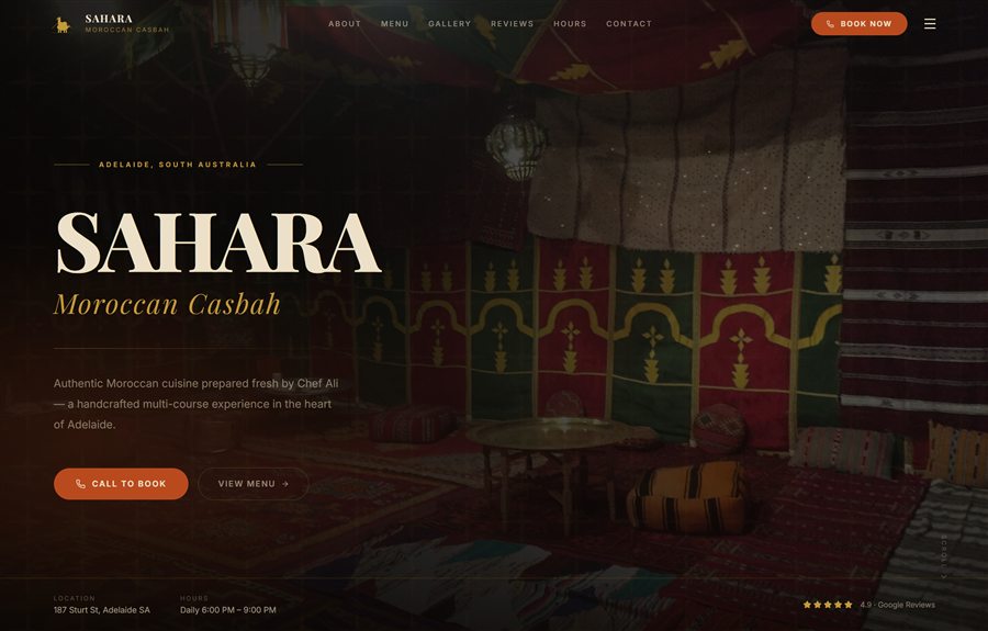 Sahara Moroccan Casbah website homepage, designed and built by JB Digital