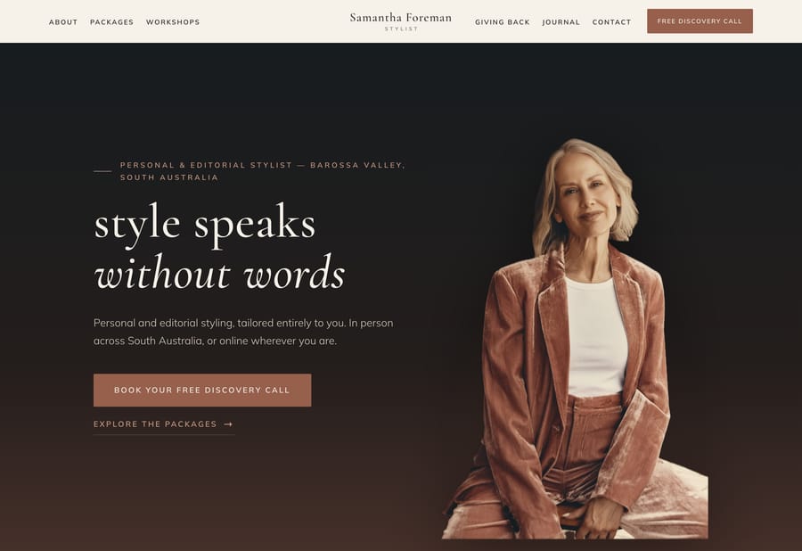 The Samantha Foreman Stylist website homepage, designed and built by JB Digital Barossa.
