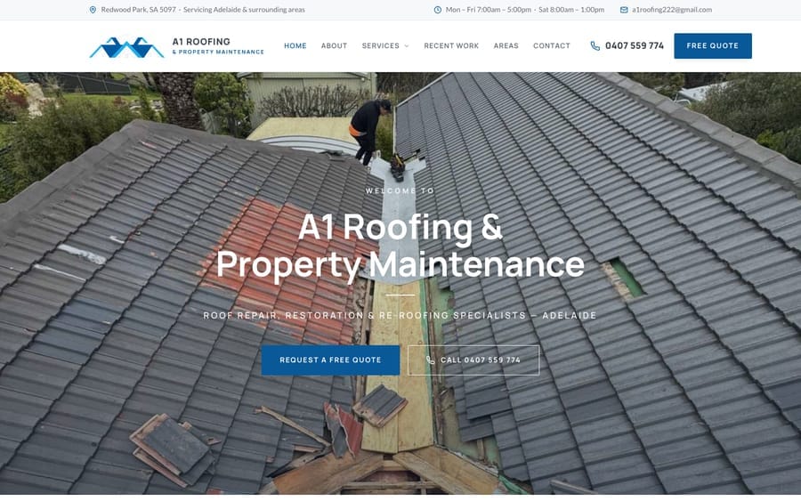 The A1 Roofing Adelaide website homepage, designed and built by JB Digital Barossa.