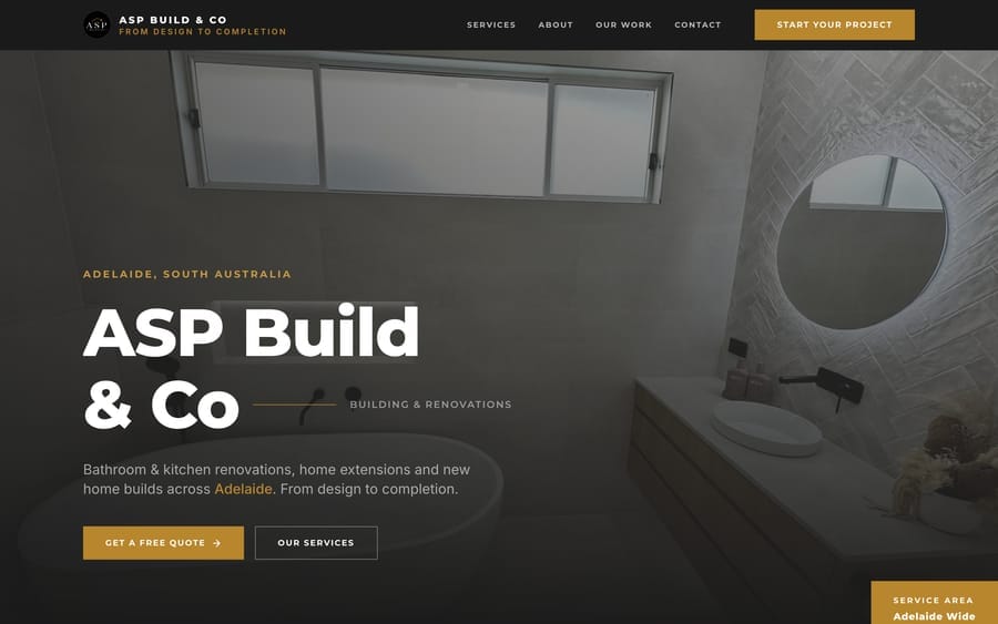 The ASP Build & Co website homepage, designed and built by JB Digital Barossa.