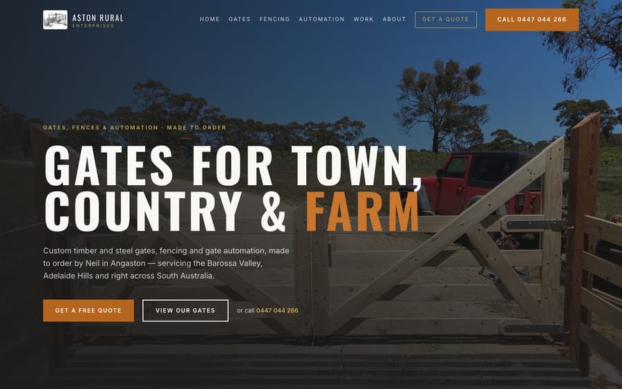 The Aston Rural Enterprises website homepage, designed and built by JB Digital Barossa.