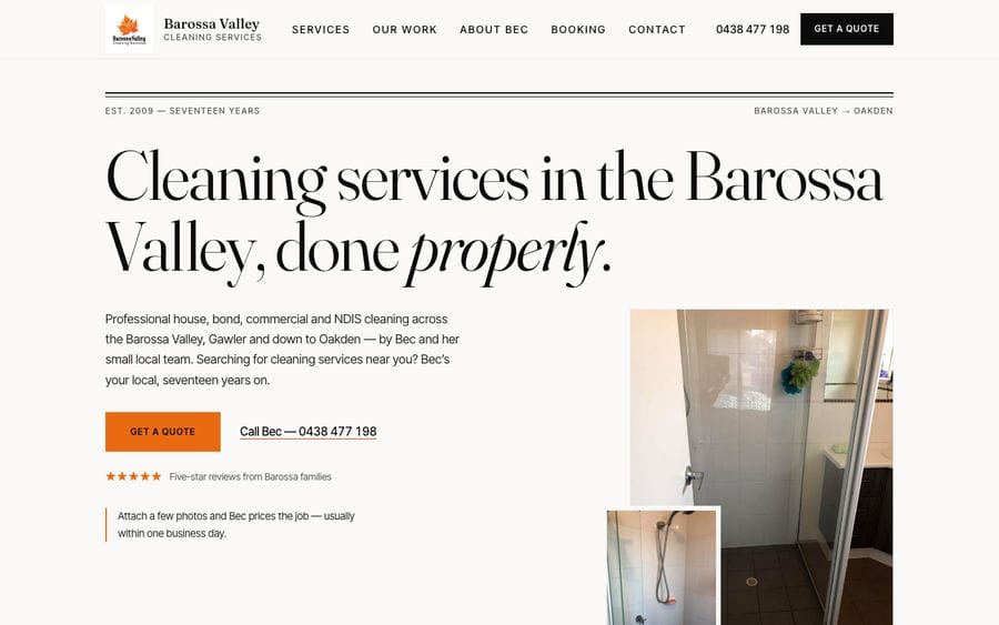 The Barossa Valley Cleaning Services website homepage, designed and built by JB Digital Barossa.