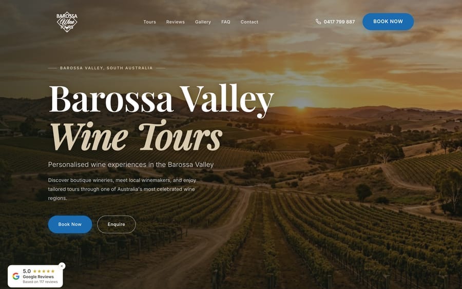 The Barossa Wine Tours website homepage, designed and built by JB Digital Barossa.