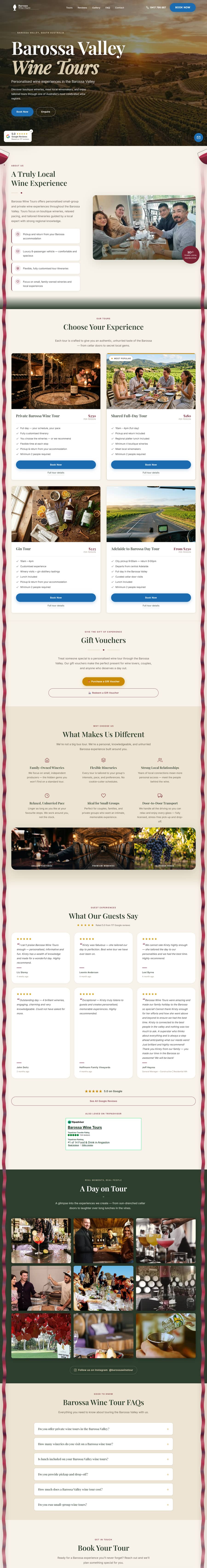 The full Barossa Wine Tours website, designed and built by JB Digital.