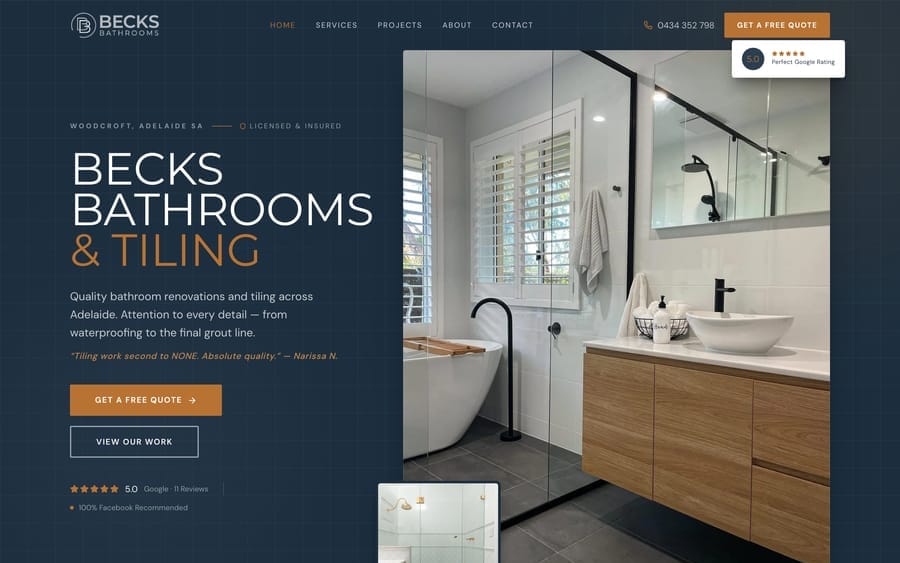 The Becks Bathrooms & Tiling website homepage, designed and built by JB Digital Barossa.