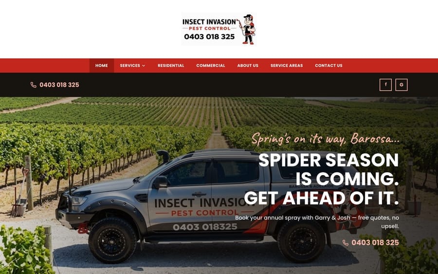The Insect Invasion website homepage, designed and built by JB Digital Barossa.
