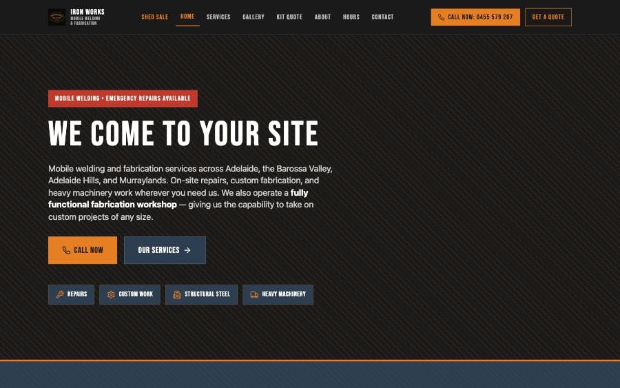 The Ironworks Mobile Welding website homepage, designed and built by JB Digital Barossa.