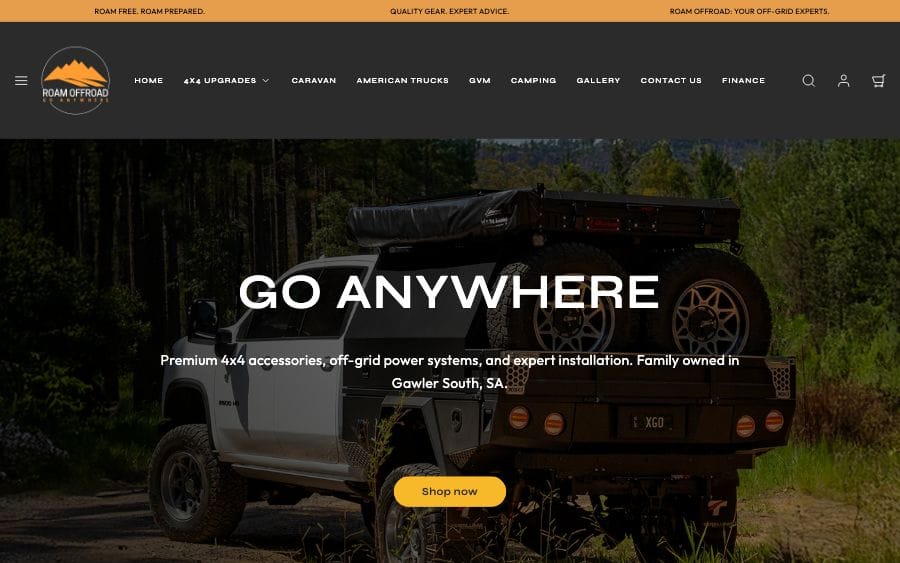 The Roam Offroad website homepage, designed and built by JB Digital Barossa.