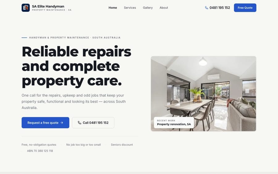 The SA Elite Handyman website homepage, designed and built by JB Digital Barossa.