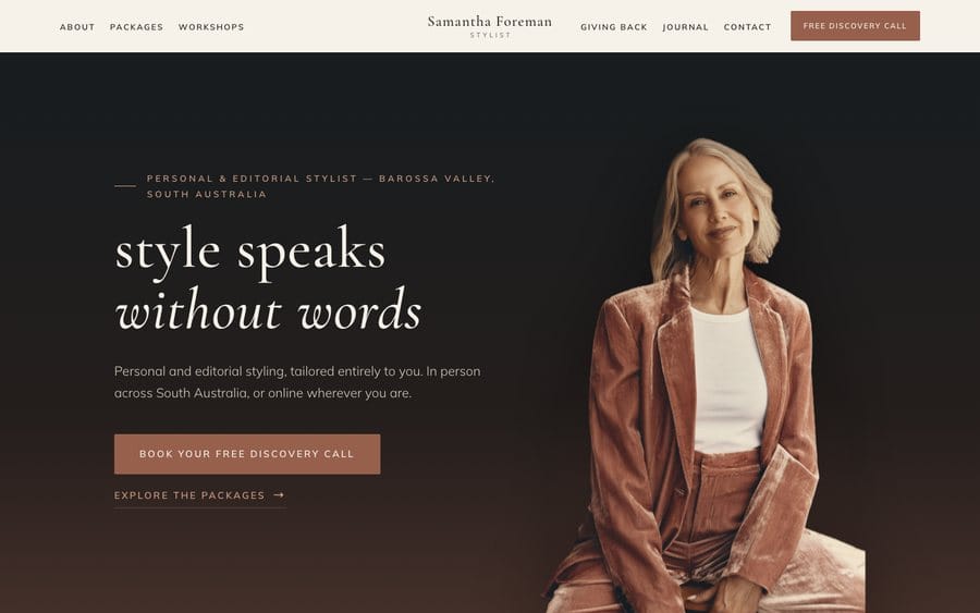 The Samantha Foreman Stylist website homepage, designed and built by JB Digital Barossa.