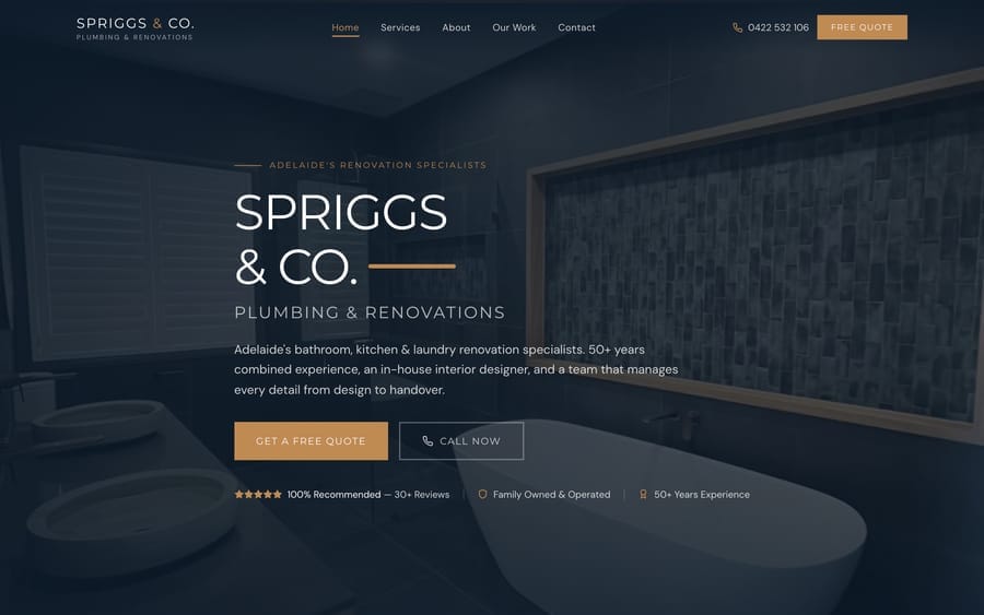 The Spriggs & Co website homepage, designed and built by JB Digital Barossa.