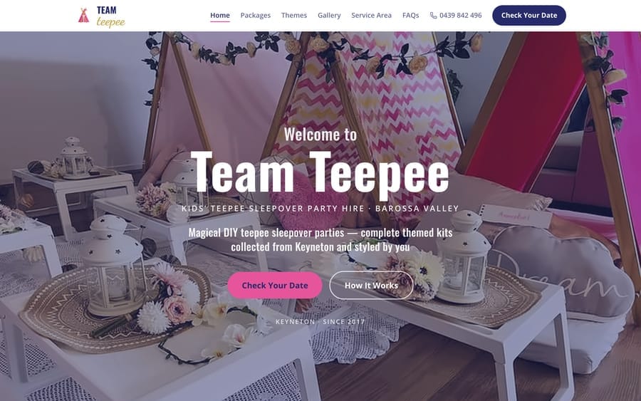 The Team Teepee website homepage, designed and built by JB Digital Barossa.