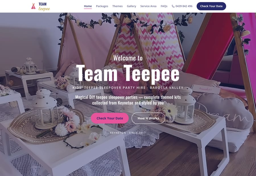 The Team Teepee website homepage, designed and built by JB Digital Barossa.